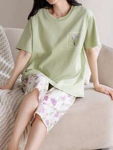 [AICJ Sleepwear]2pcs/Set Women & Girls Casual Simple Cute Cartoon Cat & Letter Print Pink Top, Capri Pants Shorts Or Pajama Pants, Spring/Summer Home Party Vacation Sleepwear Loungewear - Green - View 3