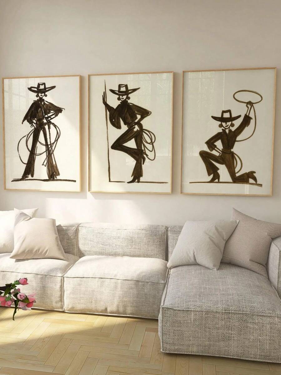 1pc Unframed, Minimalist Cowgirl Wall Art Brown Western Woman Poster Trio Modern Line Art Rodeo Print - Multicolor - View 1