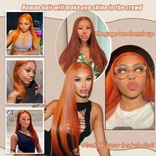 Ginger Human Hair Wig Bone Straight Ginger Orange13x4 Lace Front Wig Human Hair Transparent Lace #350 Colored Wig With Baby Hair - S350 - 查看 7