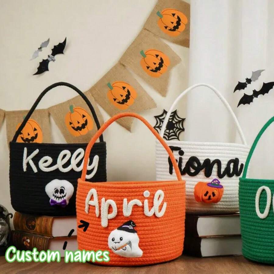 1 pieza Bolsa de tela personalizada para dulces y aperitivos con asa de cuerda, cesta para pedir dulces en Halloween