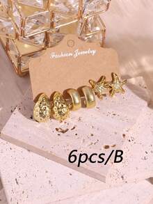 6/18件套时尚新款海星、贝壳、光滑水滴和凹凸C形金耳环耳钉套装，适合夏季旅行和度假 - 金色 - 查看 13