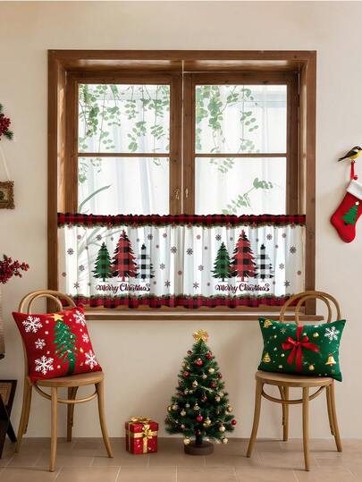 1pc Christmas Star Decor Christmas Tree Kitchen Curtain, Modern Stylish Home Decor Rod Pocket Curtain, Suitable For Christmas, Everyday Use Christmas Decorations Room Decor Christmas Decorations Home