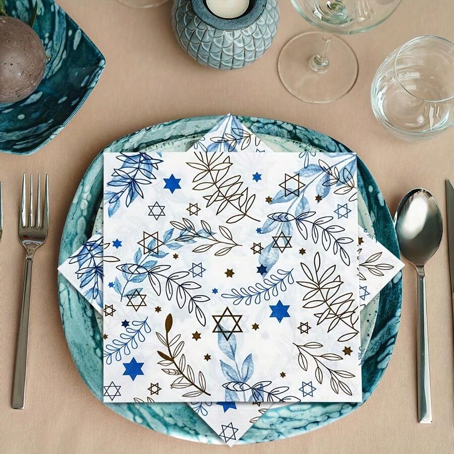 20 pièces/40 pièces/60 pièces, Serviette en papier motif fleur bleue et étoile à cinq branches - 2 couches 33 x 33 cm Serviette de cocktail convenant à la décoration de la maison et du restaurant, idéale pour les fêtes, les événements et l'usage quotidien, vaisselle de fête, vaisselle d'événement, vaisselle décorative