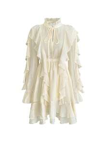 Váy midi cổ chữ V thanh lịch kiểu Pháp dành cho nữ kèm nơ màu trơn, viền bèo nhún, tay dài, eo ôm, chân váy chữ A, váy dạ hội, váy xòe bồng bềnh, ruy băng thời trang, gợi cảm, dáng rộng, mùa xuân hè thu - Màu be - Xem 9