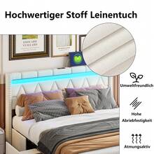 Stauraumbett 160 x 200 cm, Polsterbett mit LED-Kopfteil und USB-Ladefunktion, Doppelbett mit 4 Eisenschubladen Funktionsbett Jugendbett 160x200 mit Lattenrost, Rückenlehne Bettgestell, Ohne Matratze