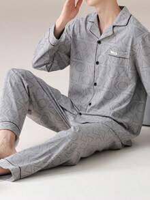 男士纯棉睡衣套装（两件套），长袖上衣和长裤，透气吸湿，春秋季/秋冬季服装