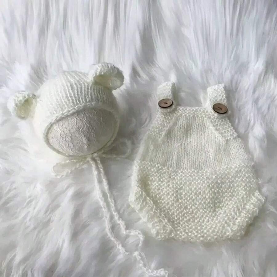 1 Set Newborn Knitted Bear Hat And Romper Outfit, Photography Prop For Baby Boys And Girls, Teddy Bear