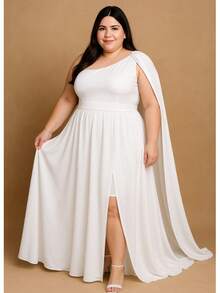 Women's Long Dress Plus Size With Cape Party Wedding Bride Graduation Bridesmaids Elegant Party Mesh With Belt Timeless - 白色 - 查看 2