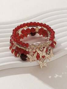 4pcs Bohemian Handmade Glass Beaded Bracelet Set With Flower Bead & Butterfly Pendant For Women, Elastic - Đỏ - Xem 3
