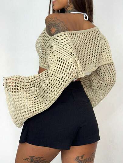 Cropped Blusa Curto Ombro Caído Tricot Vazado