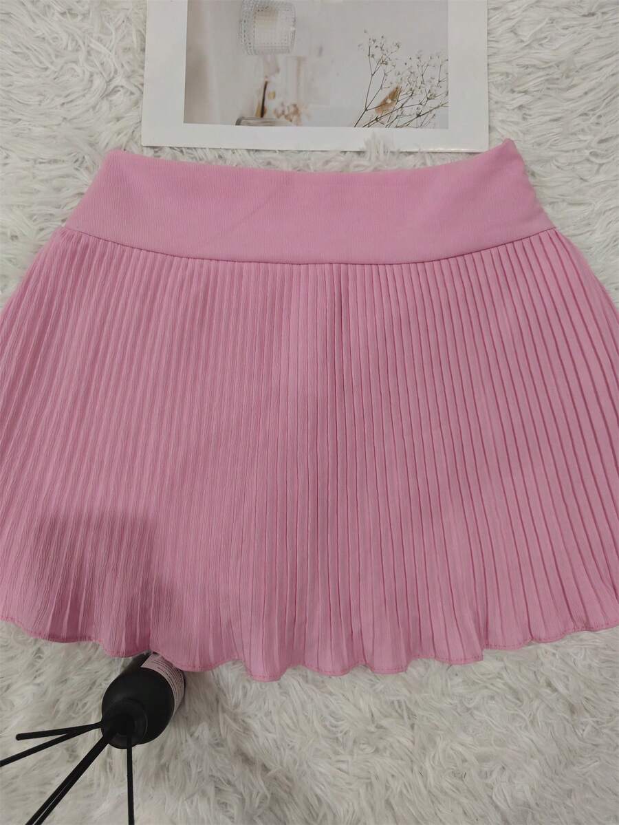 Women's Solid Color Pleated Short Skirt - Pleated Pink - View 1