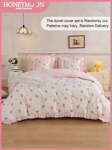 HONEYMOON 2/3pcs Bowknot Print Ruffle Duvet Cover Set (2pcs = 1 Duvet Cover + 1 Pillowcase; 3pcs = 1 Duvet Cover + 2 Pillowcases) - 100% Polyester Fabric, INS Style Print, Soft And Breathable, Wrinkle-Resistant, Machine Washable, Pillowcases Do Not Include Pillow Inserts (No Duvet) - T F Q K Sizes Suitable For Home And School Dorms, Back To School Essential, Oeko-Tex Certified - Multicolor - View 3