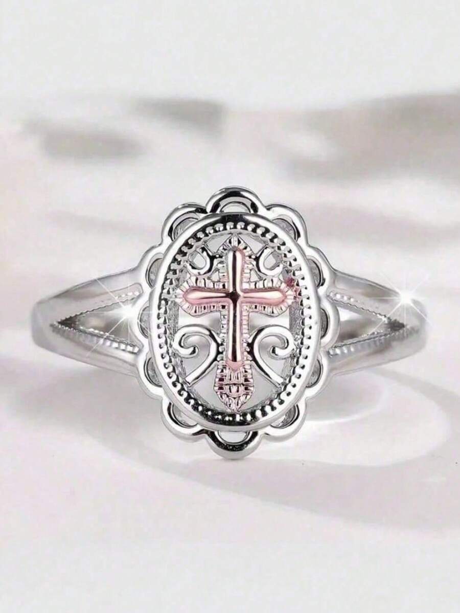 1 件玫瑰金基督教十字架戒指，适合女士女孩耶稣基督戒指宗教珠宝情人节礼物、妈妈、母亲节礼物 - 玫瑰金 - 查看 1