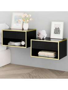 Gold Nightstand Set Of 2, Modern Bedside Table With Drawers And Open Shelf, Floating Design, Small Side Table For Bedroom, Black/ White - Black - View 10