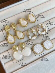 Bộ 5 đôi bông tai đính nhựa kiểu Pháp thanh lịch, màu trắng độc đáo, thời trang dành cho phụ nữ đeo hàng ngày, dự tiệc, dạ hội, tiệc tùng, lễ hội - Vàng vàng + trắng - Xem 2