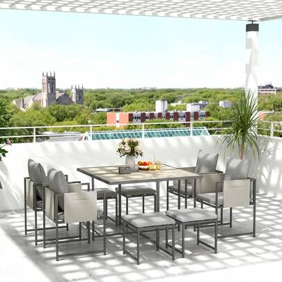  Outsunny 9 Piece Garden Dining Set, Cube Outdoor Garden Furniture Set With Cushions, 8 Seater Garden Table And Chairs With 4 Stools, Square PSPC Plastic Top Table, Side Pockets For Conservatory, Grey