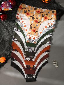 12 peças/pacote Calcinhas Sem Costura Femininas de Halloween com Estampa de Abóbora e Caveira