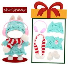 Weihnachtsthematisches Cut Out gestricktes Pullover-Set, kombiniert mit Schal, Kopfhörern, Schuhen, für LABUBU, Halloween, Weihnachten, Feiertage, Geburtstagsgeschenk (ohne Plüschpuppe)