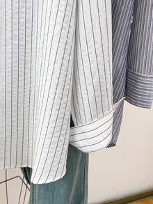 Women's Casual Striped Front Button Pocket Lapel Long Sleeve Stylish Striped Shirt Top Suitable For Autumn Winter Spring - White - View 9