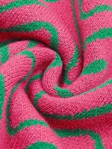 Pull-over femme à col rond, motif vague et clash fluorescent en laine tricotée, col montant