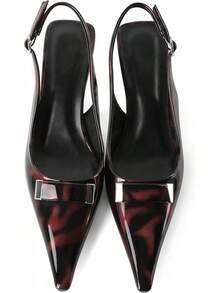 Women's Pointed Toe Slingback Heels Metal Buckle Ankle Strap Kitten Low Heel Pumps 2 Inch Stylish Retro Women Shoes-20256688 - 漆皮黑紅色 - 查看 11
