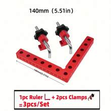Un set de 140 mm de abrazadera de posicionamiento de aleación de aluminio de 90 grados, abrazadera de ángulo recto, herramienta de carpintería para marcos de cuadros, cajas, gabinetes y cajones, un set de 3 piezas (1 abrazadera de esquina y 2 soportes de montaje)