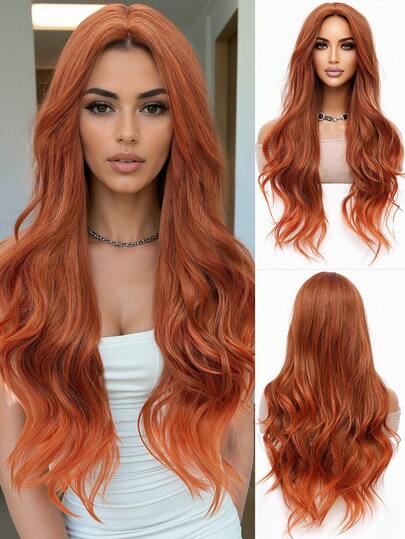 角色扮演长波浪假发焦橙色中分款式易于护理女士日常派对假发 Y2K 合成蓬松时尚酷女孩假发浪漫优雅万圣节圣诞节音乐节服装假发浪漫休闲街头耐热假发 30 英寸