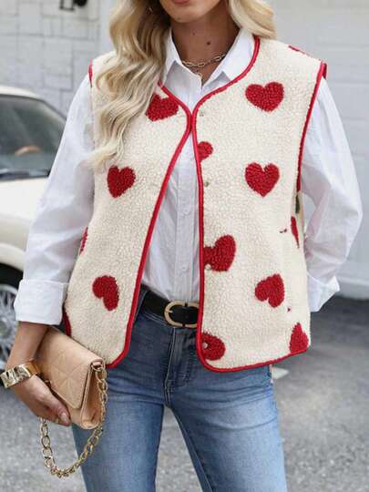 Gilet en forme de cœur en peluche pour dames, veste courte d'hiver, manteau sans manches ample