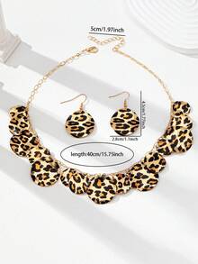 Conjunto de 3 piezas de collar con colgante de disco con estampado de leopardo y aretes colgantes, collar y aretes de declaración de otoño, joyería para mujer para uso diario
