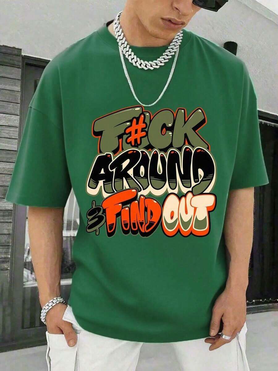 "F@K AROUND & FIND OUT" Graphic T-Shirt - 180g Heavy Cotton Crew Neck T-Shirt With Bold Orange And Green Graffiti Print, Breathable Short Sleeve Shirt For Summer, Casual Streetwear And Outdoor Activities, Everyday Wear Shirt Street Fashion Comfortable Fit, Everyday Wear, Match With Shorts, Outdoor Sports, Golf, Fishing Activities, Sports Shirt, Great Gift, Graphic T-Shirt, T-Shirt-White And Navy Off-The-Shoulder Cropped Top - màu xanh lá - Xem 1