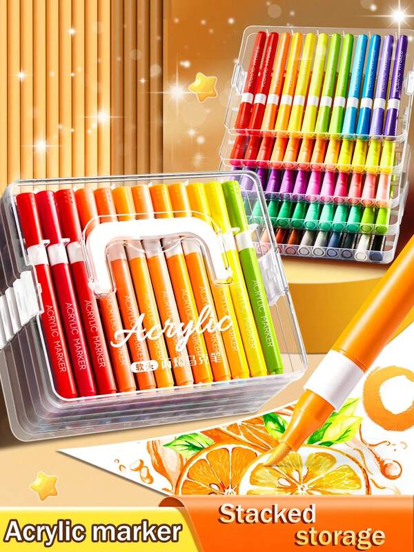 1Set 12/24/36/48/60/84/120 Color Acrylic Marker Pen, Marker Pen Set, Large Capacity , Perfect For Artists' Painting, Illustration, Handmade Art, Back To School Season For Coloring Books And Other DIY Projects, Suitable For Paper, Fabric, Wood, Rock, Plastic, Glass, Ceramics, Pumpkins, Etc. Acrylic Paint Marker Pen For Students And Adults
