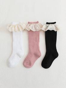 3 Pairs Children Simple Floral Cuff Solid Color Knee-High Socks, Sweet & Cute For Girls, Suitable For Daily Wear - Multicolor - View 9