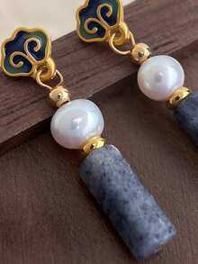 1 Pair 925 Sterling Silver Handmade Vintage Tassel Wooden Bead Earrings, Low Allergy, Durable, Suitable For Daily Wear And Beach Vacation, Bohemian Style - Cloud Pattern Reflecting the Moon - View 4