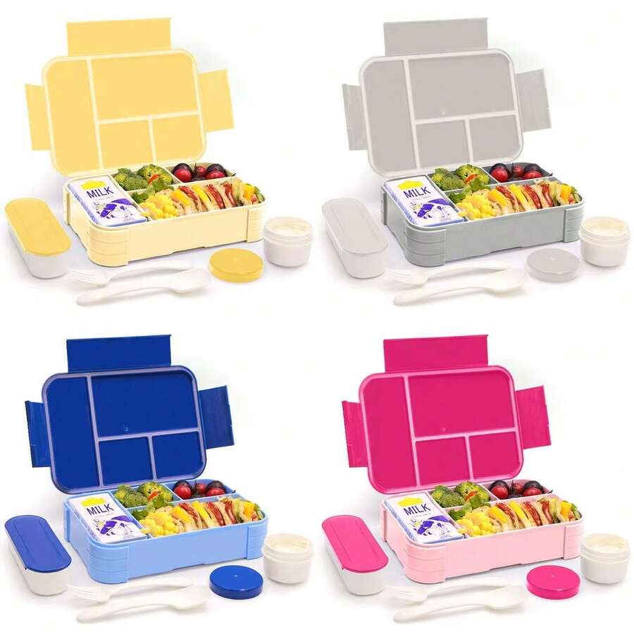 1 pièce Boîte à lunch portable avec ustensiles, tasse à salade, design carré pour micro-ondes - Grande boîte à lunch Bento 4 compartiments pour l'école, le bureau, les voyages, le camping, les pique-niques en plein air, le rangement de cuisine, convient aux filles et aux garçons, disponible en bleu, gris, jaune