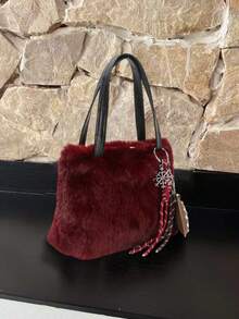BAILEE Fashionable Elegant Versatile Soft Smooth Solid Color Artificial Ferret Plush Cloud Bag Fried Dough Twists Double Handle Magnetic Suction Women's Handbag White-Collar Workers Perfect For College&Work&Business&Commute&Outdoors&Travel&Outings&Office&Perfect For Work&Shopping&Gifts To Friends - Burgundy - View 5