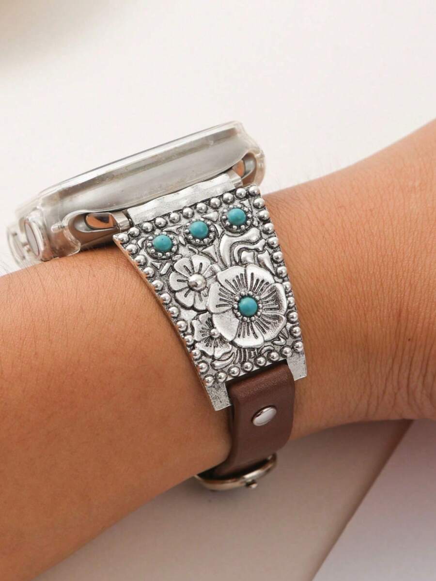 1 pieza Correa de reloj de cuero turquesa retro compatible con Apple Watch, pulsera de reloj con diseño floral plateado compatible con Apple Watch