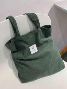 Retro Corduroy Tote Bag Women's Simple Shoulder Bag Letter Patch Decor Handbag, Perfectly Matching With Fall Outfits Women - Green - View 7