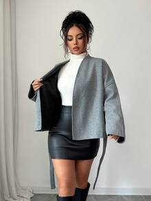 LilyHouse Women's Solid Color Elegant Daily Casual Office/Work Commute Overlap Collar Belted Drop Shoulder Long Sleeve Woolen Coats Fall/Winter Women Clothes