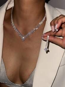 Elegant Luxury High-End Bridal Wedding/Banquet Dress Accessory Set - Rhinestone Teardrop Flower Pendant Earrings & Necklace 2 Pieces Jewelry Set