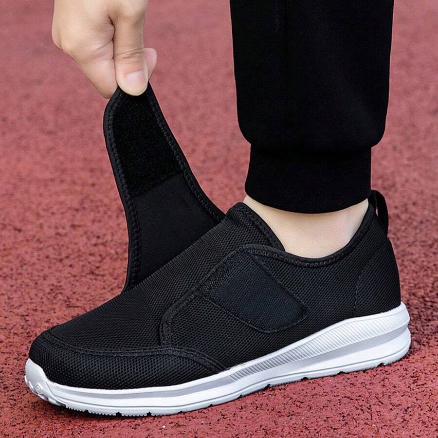 男士肿胀脚休闲鞋，宽幅钩环网眼透气无束缚舒适易穿脱糖尿病鞋，轻便柔软有弹性，四季皆宜 - 黑色 - 查看 1