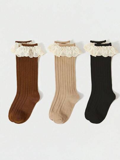 3双女童简约花卉装饰纯色及膝袜，甜美可爱，适合日常穿着