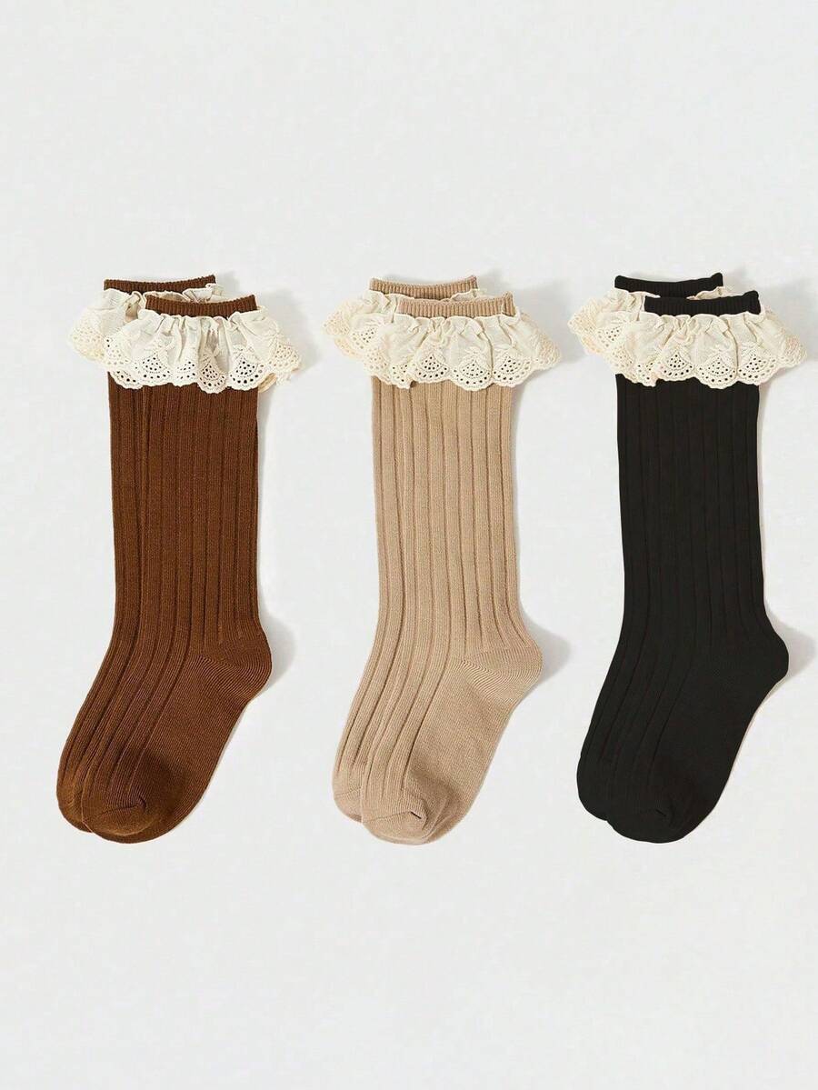 3双女童简约花卉装饰纯色及膝袜，甜美可爱，适合日常穿着