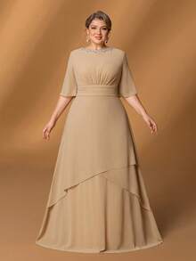 Faeriesty Mosy Plus Mother Of The Bride Dress Featuring Round Neck With Rhinestone Details, Flattering Ruffled Half Sleeves And Gorgeous A-Line Skirt – Perfect For Upscale Evening Galas, Luxurious Family Reunions, Sacred Church Ceremonies, Prestigious Social Events