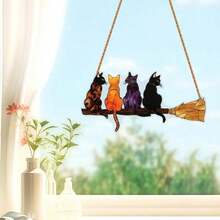 Whimsical Cat With Broom Suncatcher - Colorful Hanging Ornament For Garden Window Wall Decor, No Installation Needed