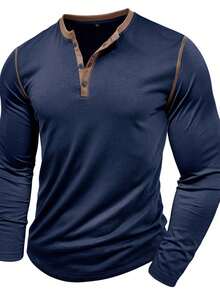 Herren Große Größen Henley Langarm T-Shirt, Kontrastfarbe, Herbst - marineblau - Übersicht 2