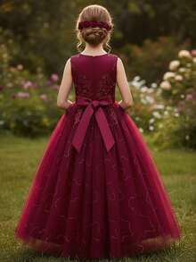 Flower Girls Tulle Lace Princess Pageant Festival Bridesmaid Carnival Floor Long Prom Dance Formal Evening Maxi Dresses - Màu Đỏ Sâu - Xem 3