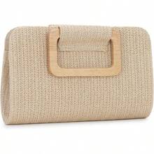 Straw Clutch Purses Women Summer Beach Bag Woven Evening Handbags Top Handle Shoulder Bag Vacation - 卡其色 - 查看 1
