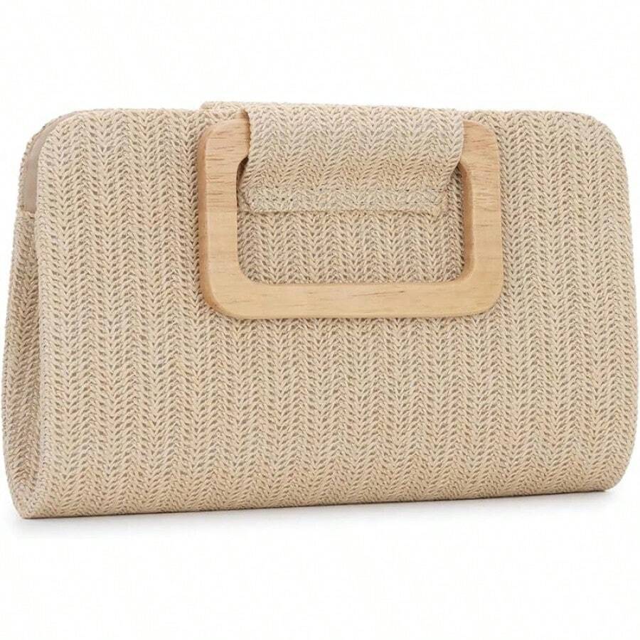Straw Clutch Purses Women Summer Beach Bag Woven Evening Handbags Top Handle Shoulder Bag Vacation - 卡其色 - 查看 1
