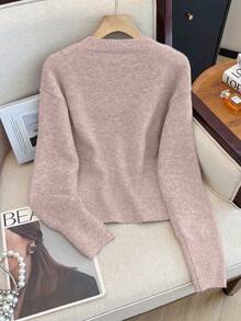 1 pieza Diseño de cárdigan minimalista gris de un solo botonadura, de longitud corta con abertura frontal, cintura ceñida, botón metálico único, manga larga, suéter de punto para mujer de temporada otoño/invierno - Caqui - Ver 3