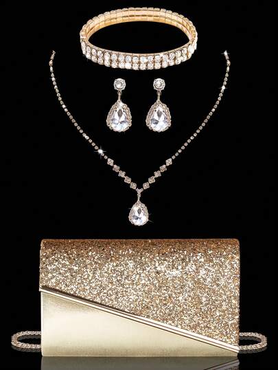 女士水钻晚宴手包，4 件套水钻耳夹、新娘婚礼颈链、手链吊坠、闪亮钱包，非常适合派对、婚礼、舞会、晚宴/宴会、婚纱、正式服装、舞会礼服、生日礼服